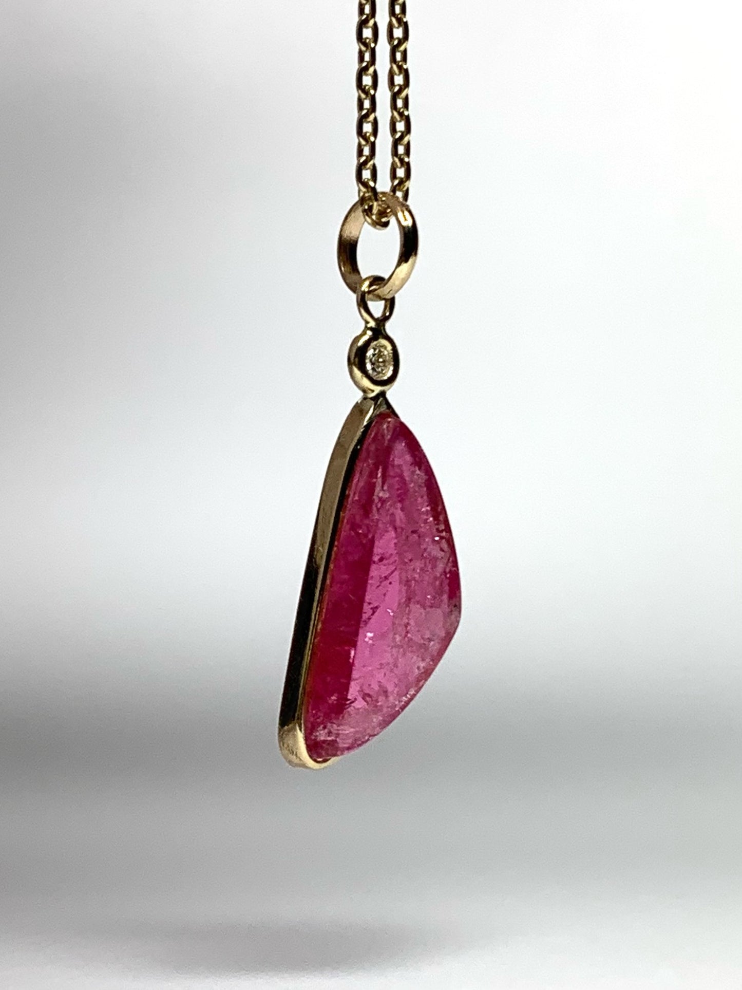 14k Solid Yellow Gold, Natural White Diamond, Natural Pink Tourmaline Mini Pendant