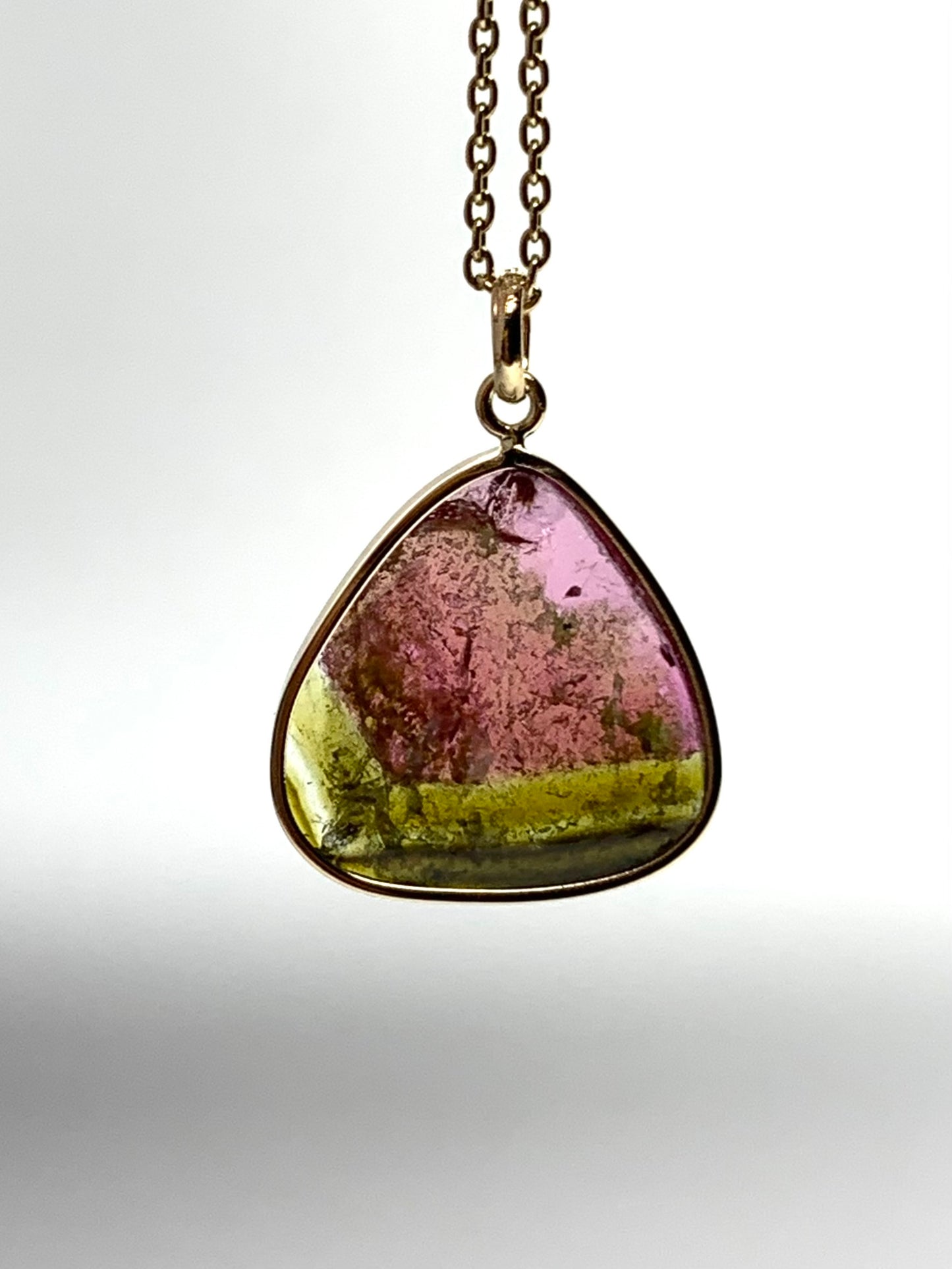 14k Solid Yellow Gold, Natural Pink Green Tourmaline Pendant