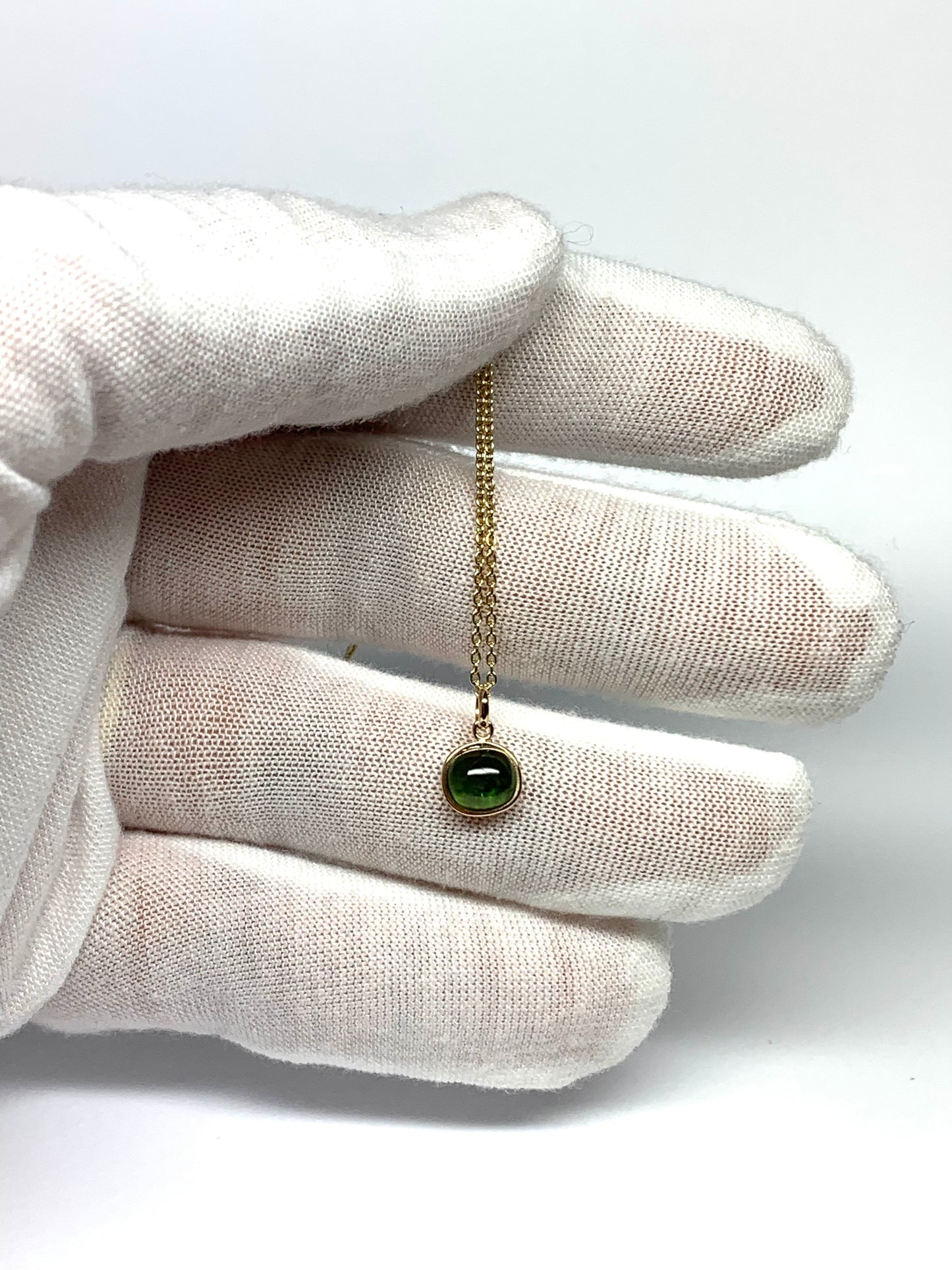 14k Solid Yellow Gold, Natural Green Tourmaline Cabochon Tiny Pendant