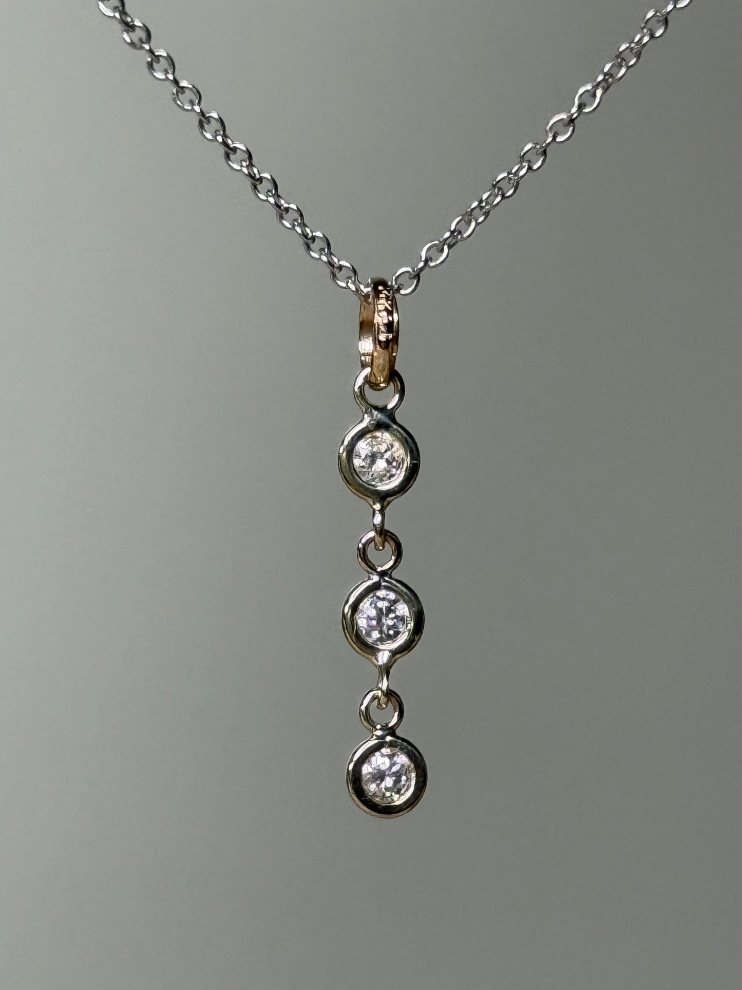 14K Solid Yellow Gold, White Diamonds Line Pendant, Tiny Size