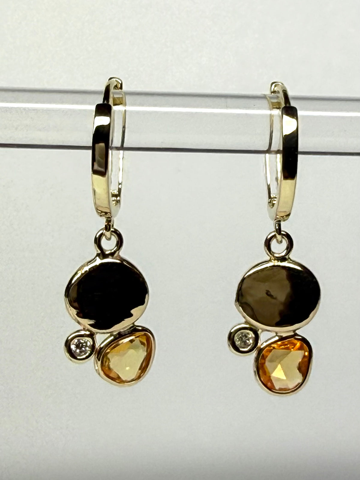 14k Solid Yellow Gold, Diamonds, Orange Sapphires Hoop Earrings