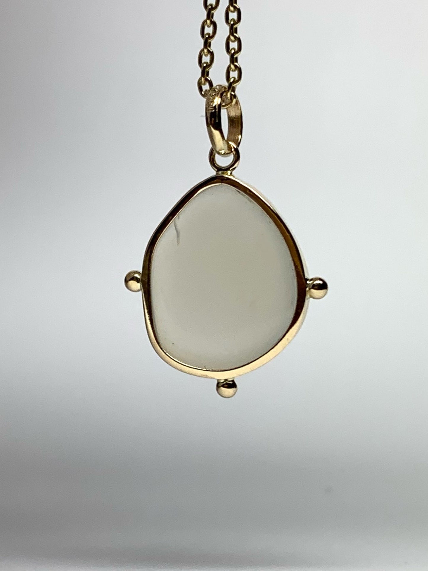 14k Solid Yellow Gold, White Moonstone Flat Cabochon Pendant, With Golden Dots