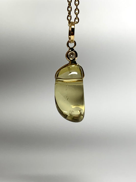 14k Solid Yellow Gold, Diamond, Lemon Quartz Tumbled Nugget Bead Pendant, Mini Size