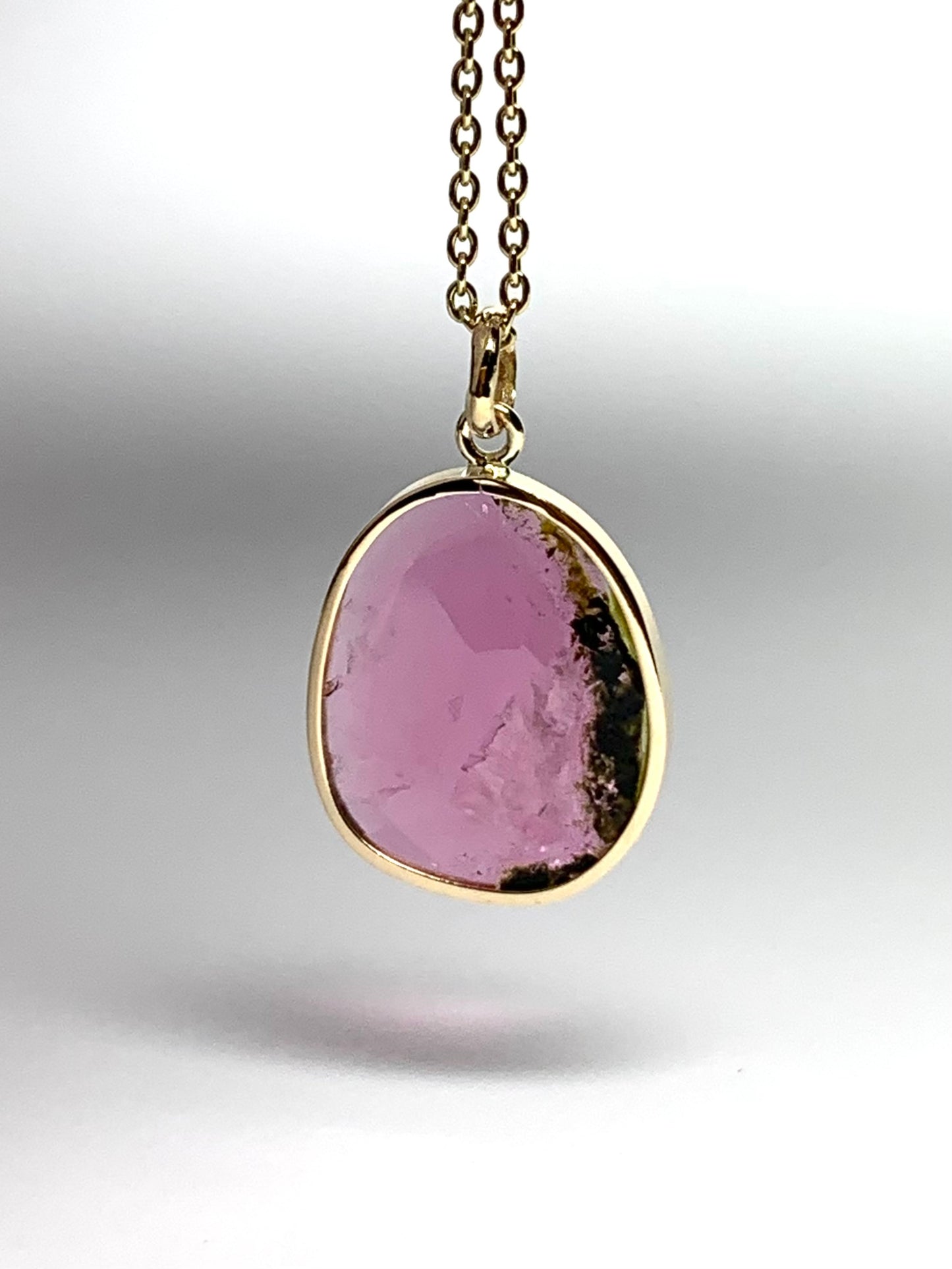 14k Solid Yellow Gold, Natural Pink Green Tourmaline Pendant
