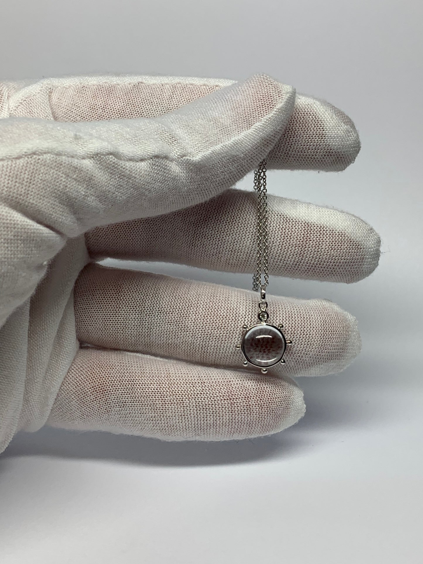 14K Solid White Gold, Natural Clear Quartz, Diamond “Sun” Pendant, Small Size