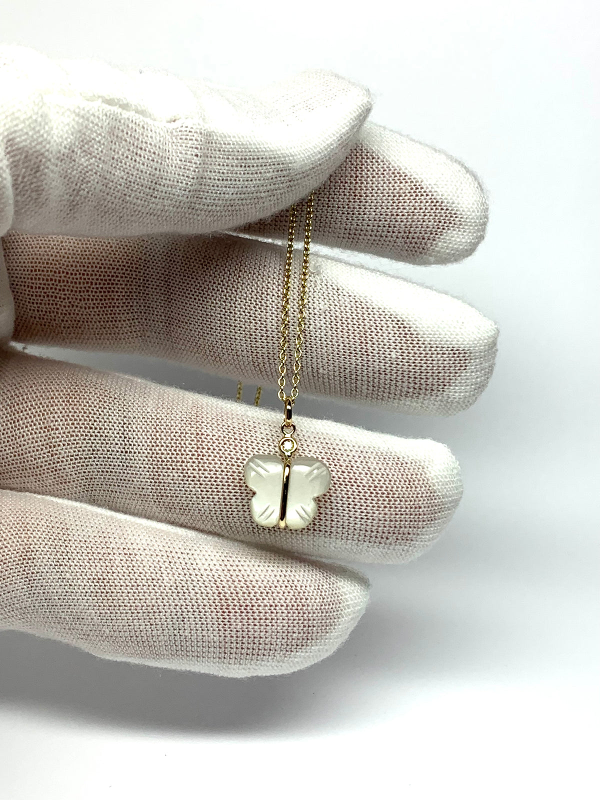 14k Solid Yellow Gold, Diamond, White Moonstone “Butterfly” Mini Pendant, Hand Carved