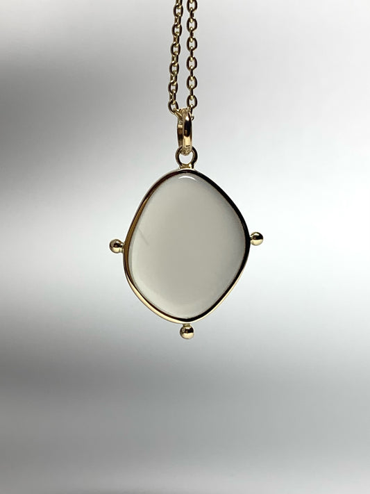 14k Solid Yellow Gold, White Moonstone Flat Cabochon Pendant, With Golden Dots