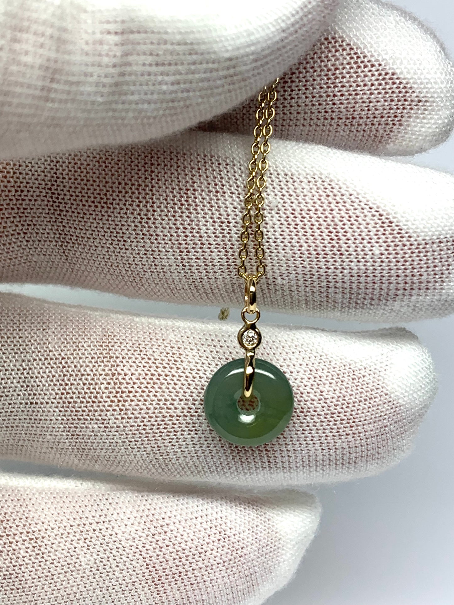14k Solid Yellow Gold, White Diamond, Pale Green Jade “Donut” Pendant, Tiny Size