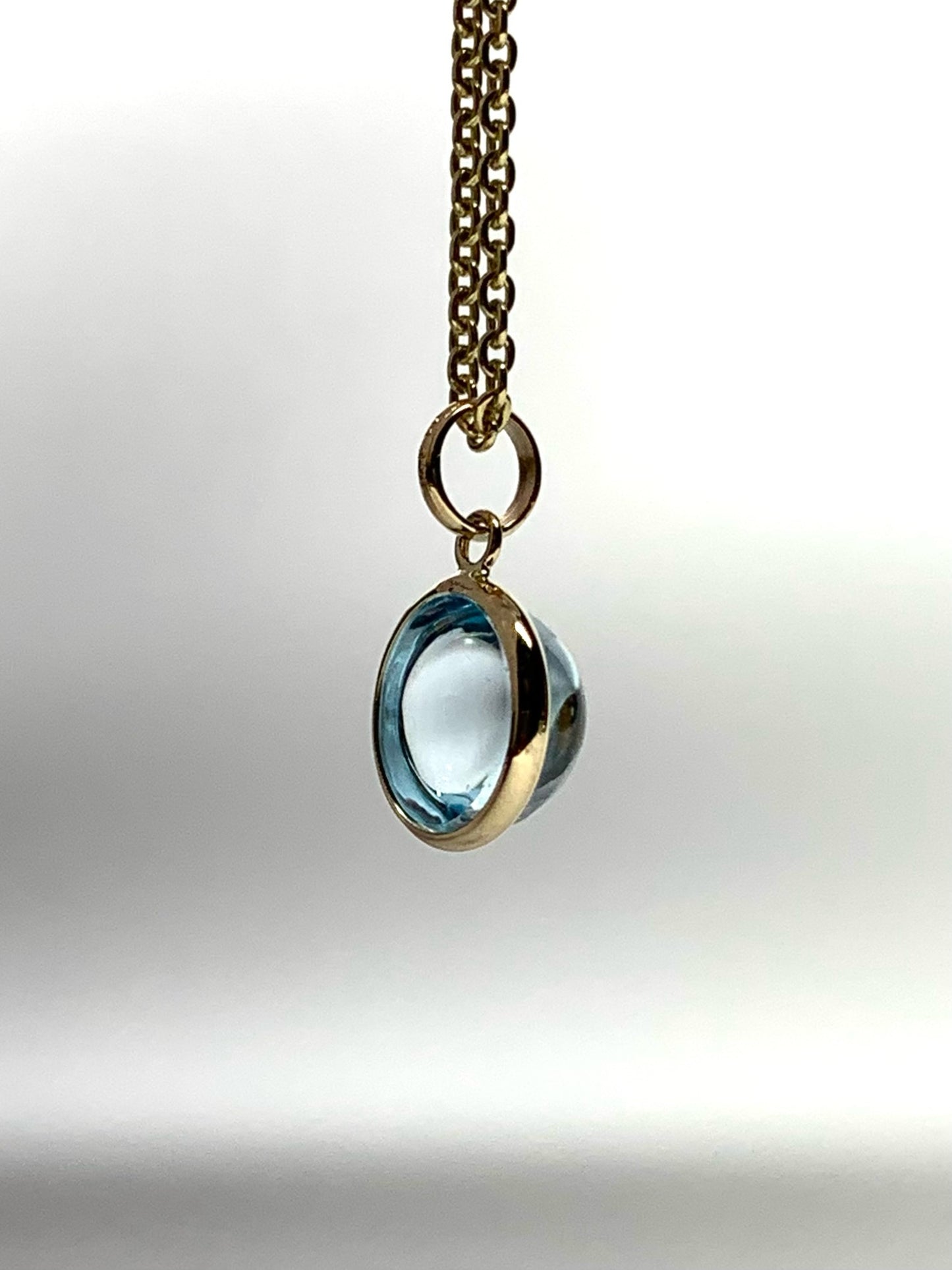 14k Solid Yellow Gold, Blue Topaz Round Cabochon Mini Pendant