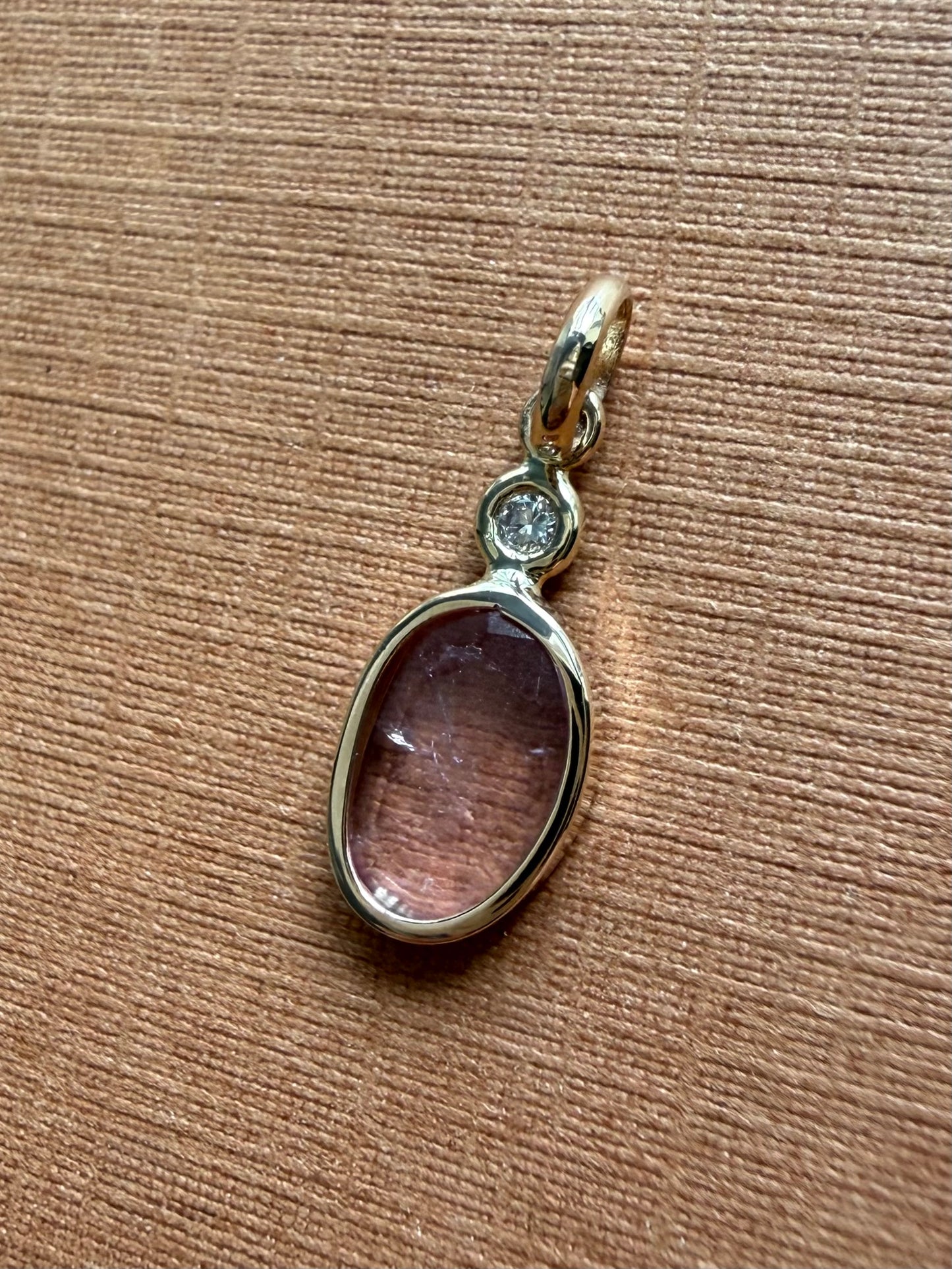 14k Solid Yellow Gold, White Diamond, Pink Tourmaline Tiny Pendant