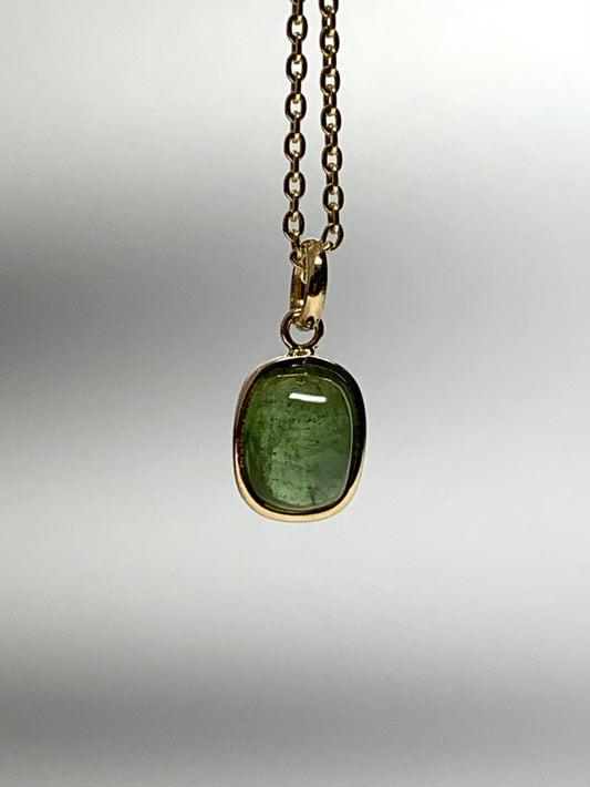 14k Solid Yellow Gold, Natural Green Tourmaline Cabochon Tiny Pendant