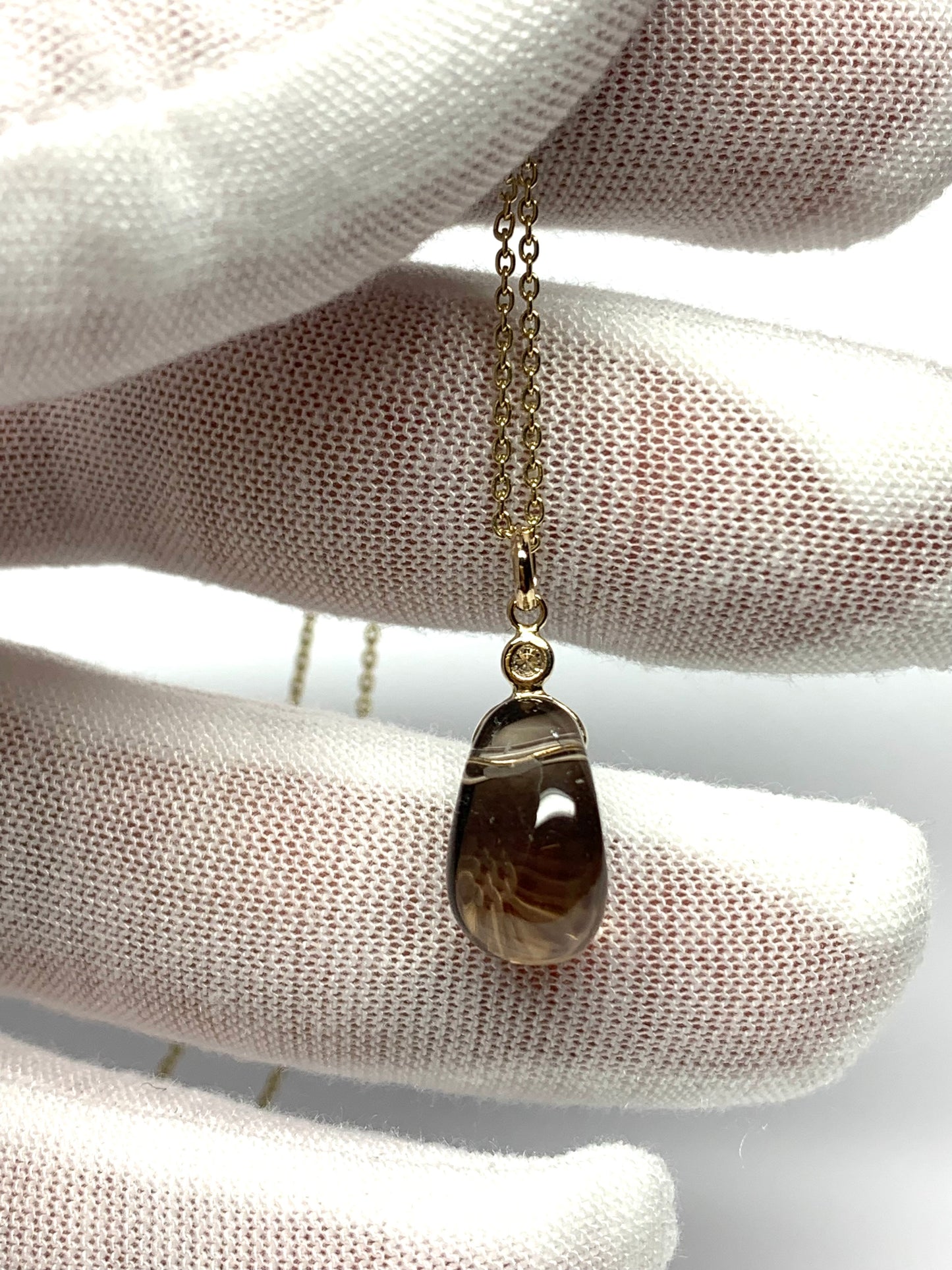14k Solid Yellow Gold, Diamond, Smoky Quartz Tumbled Nugget Bead Pendant, Mini Size