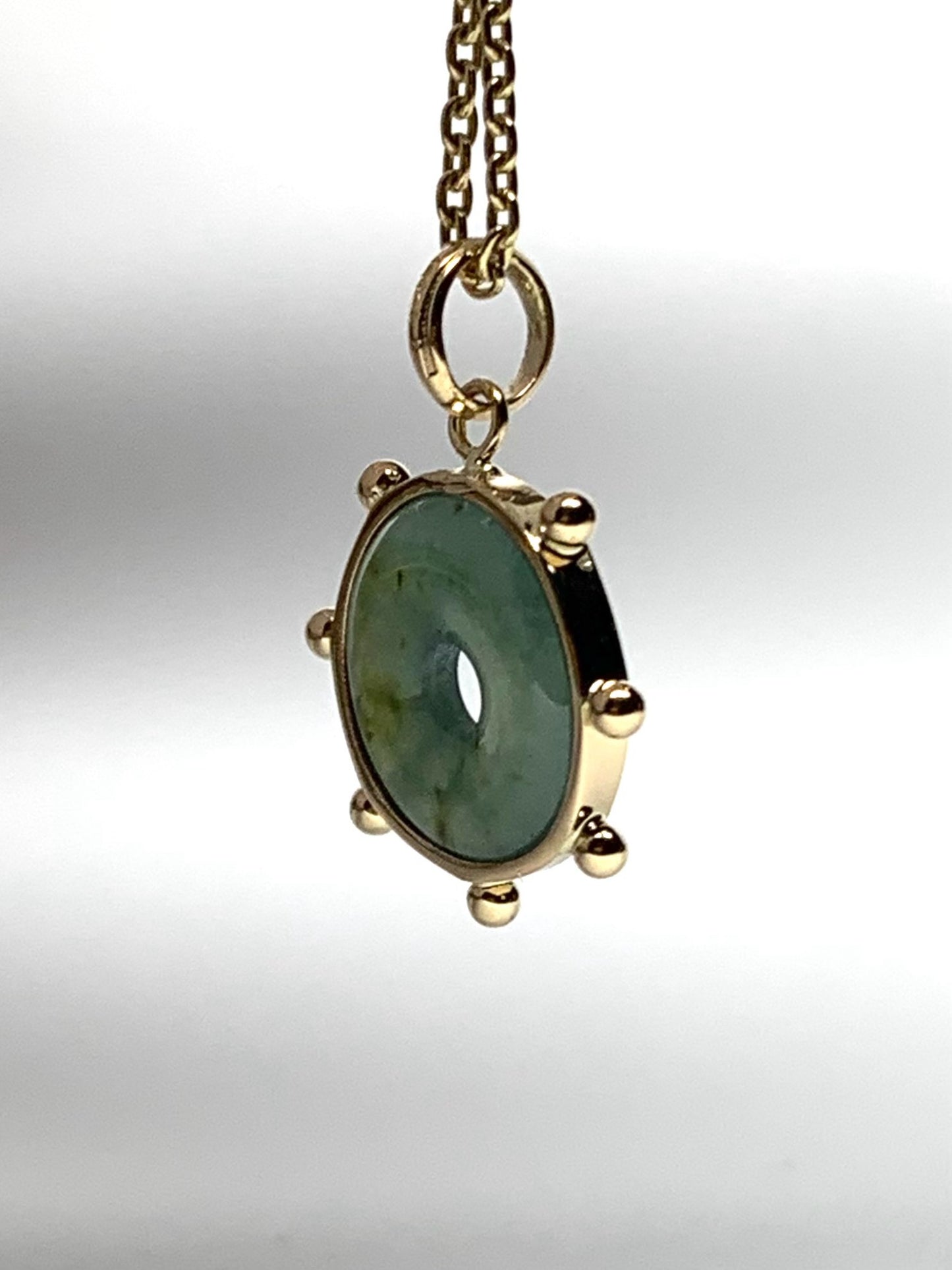 14k Solid Yellow Gold, Natural Green Jade Donut “Sun” Pendant, Mini Size