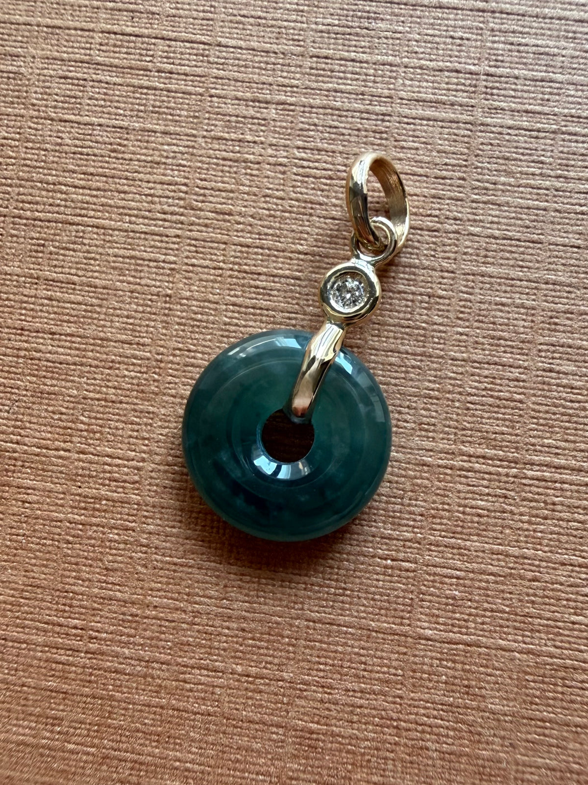 14k Solid Yellow Gold, White Diamond, Green Jade “Donut” Pendant, Tiny Size