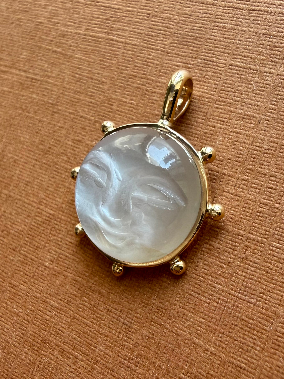14k Solid Yellow Gold, White Moonstone “Sun” Pendant, Small Size