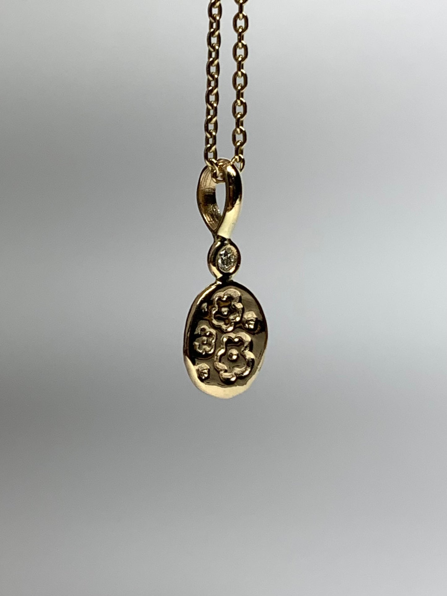 14K Solid Yellow Gold Nugget “Flowers” Mini Pendant, White Diamond, Tiny Charm