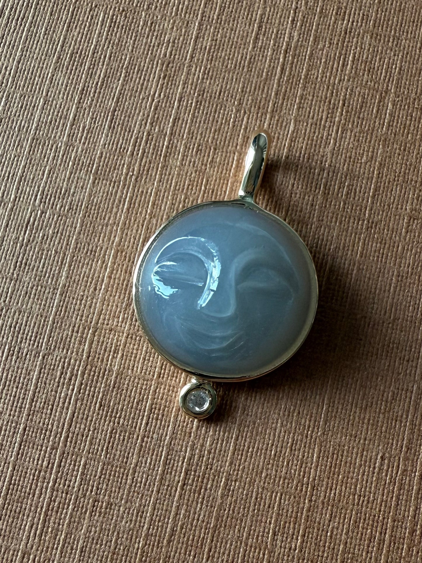 14k Solid Yellow Gold, White Diamond, Grey Moonstone “Moon and Star” Pendant, Small Size