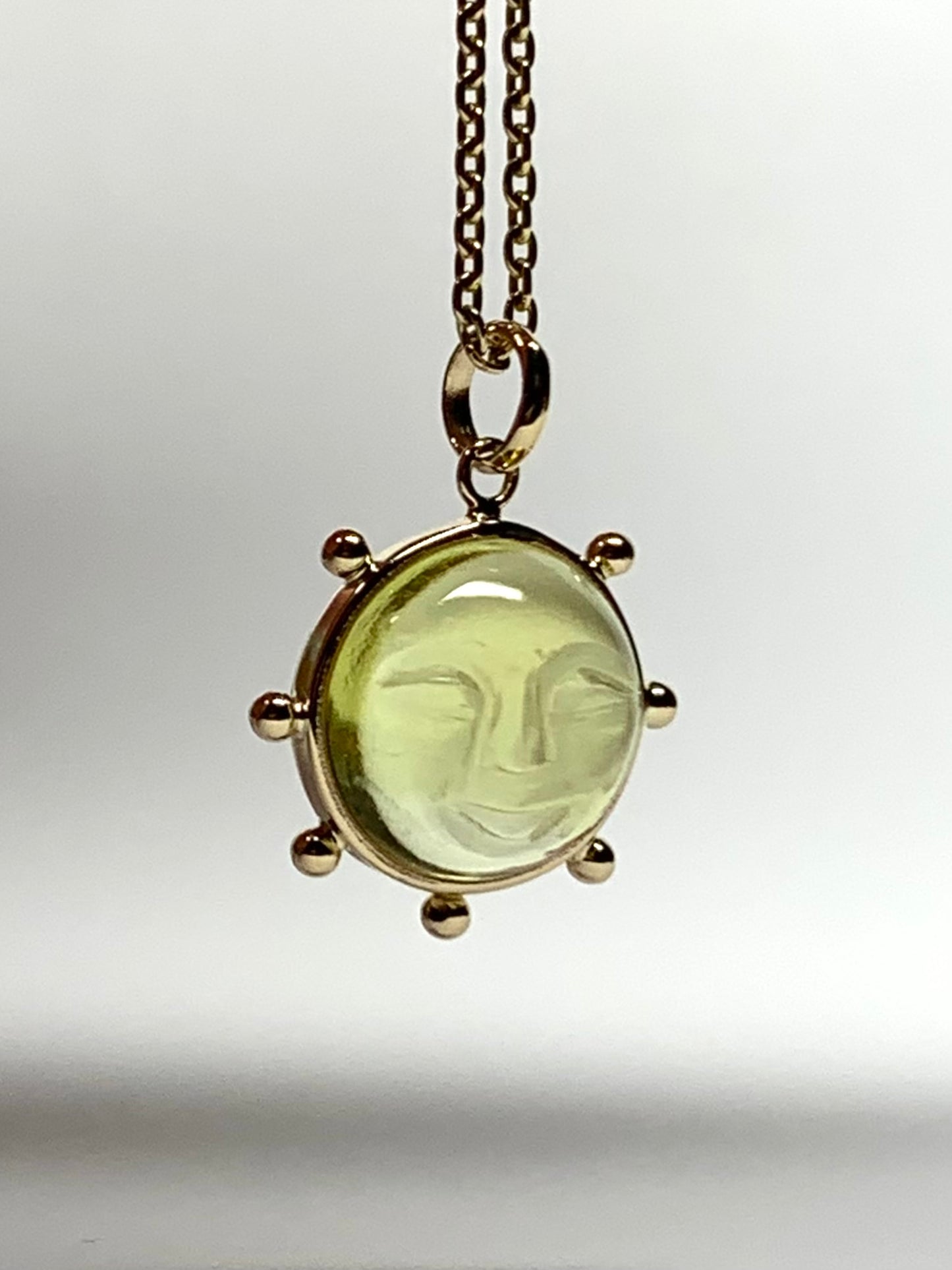 “Mini Sun" Pendant, 14K Solid Yellow Gold, Lemon Olive Quartz, Tiny Size