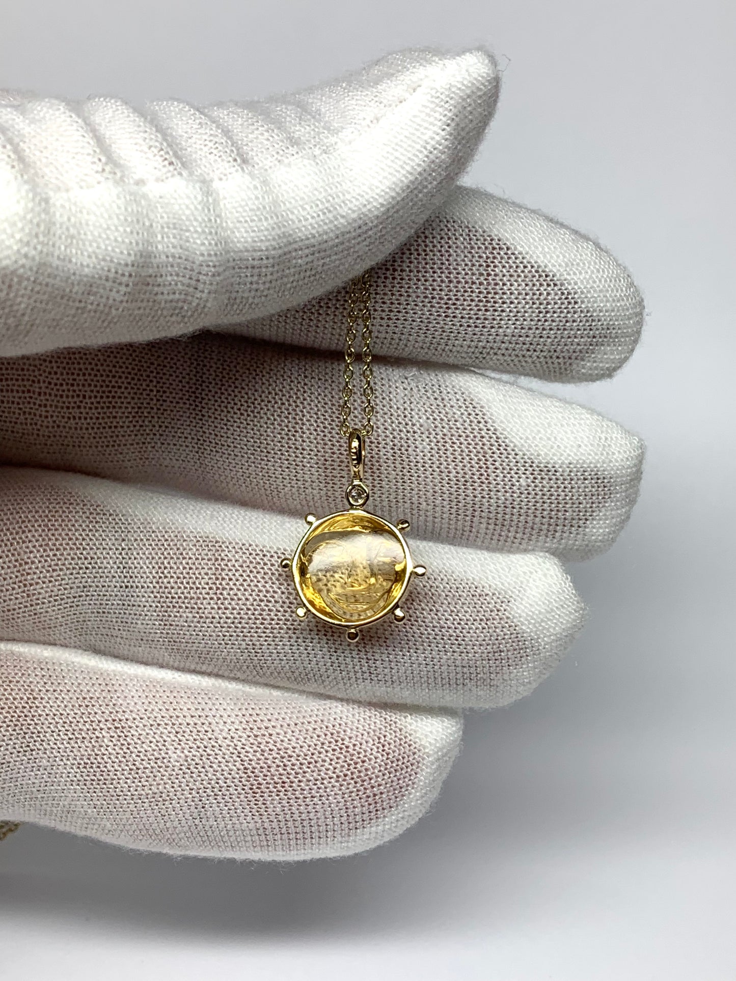 14k Solid Yellow Gold, White Diamond, Yellow Citrine “Sun” Pendant, Small Size