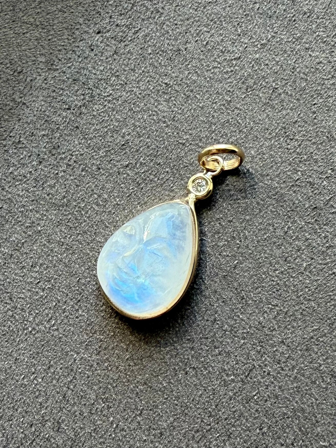 14k Solid Yellow Gold, White Diamond, Rainbow Moonstone “Rainbow Moon” Pendant, Mini Size