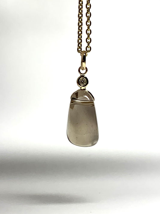 14k Solid Yellow Gold, Diamond, Smoky Quartz Tumbled Nugget Bead Pendant, Mini Size