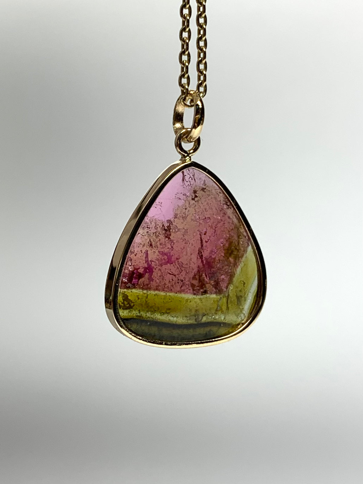 14k Solid Yellow Gold, Natural Pink Green Tourmaline Pendant