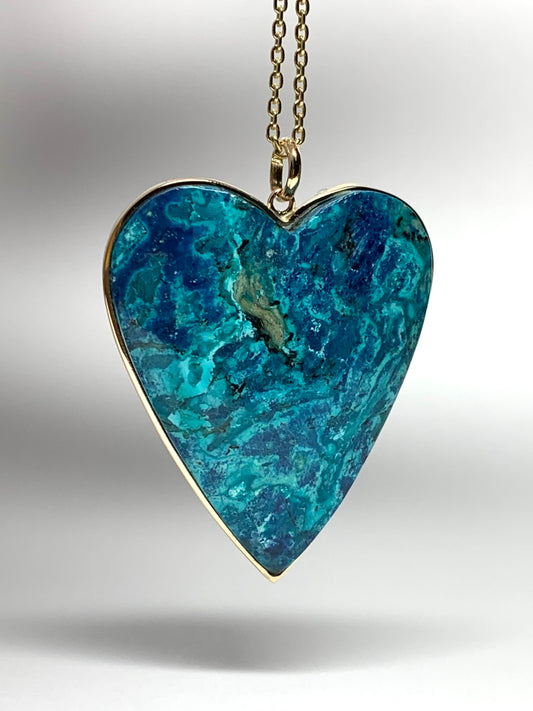 14k Solid Yellow Gold, Blue Chrysocolla “Heart” Pendant