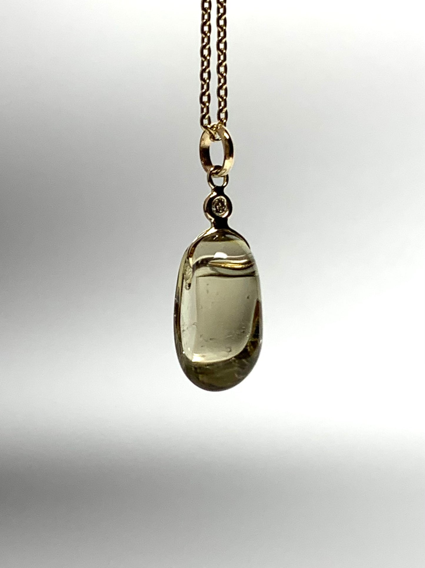 14k Solid Yellow Gold, Diamond, Lemon Quartz Tumbled Nugget Bead Pendant, Mini Size