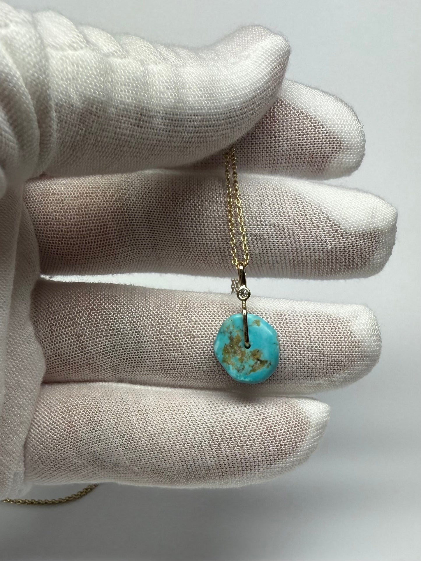 14K Solid Yellow Gold, White Diamond, Blue Turquoise “Donut” Mini Pendant