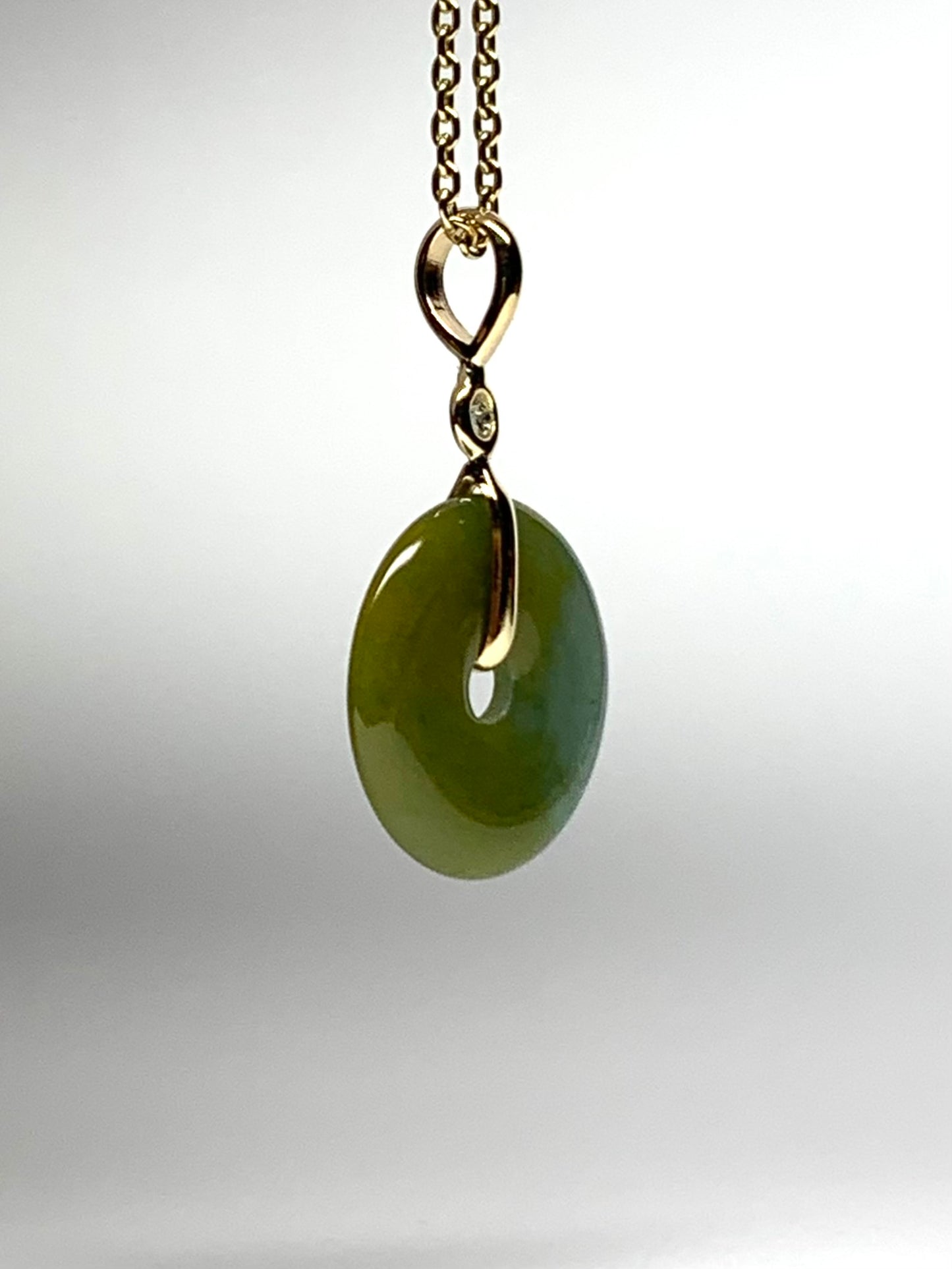 14k Solid Yellow Gold, White Diamond, Green Jade “Donut” Pendant, Small Size