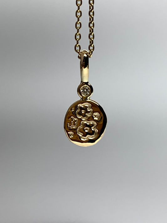 14K Solid Yellow Gold Nugget “Flowers” Mini Pendant, White Diamond, Tiny Charm