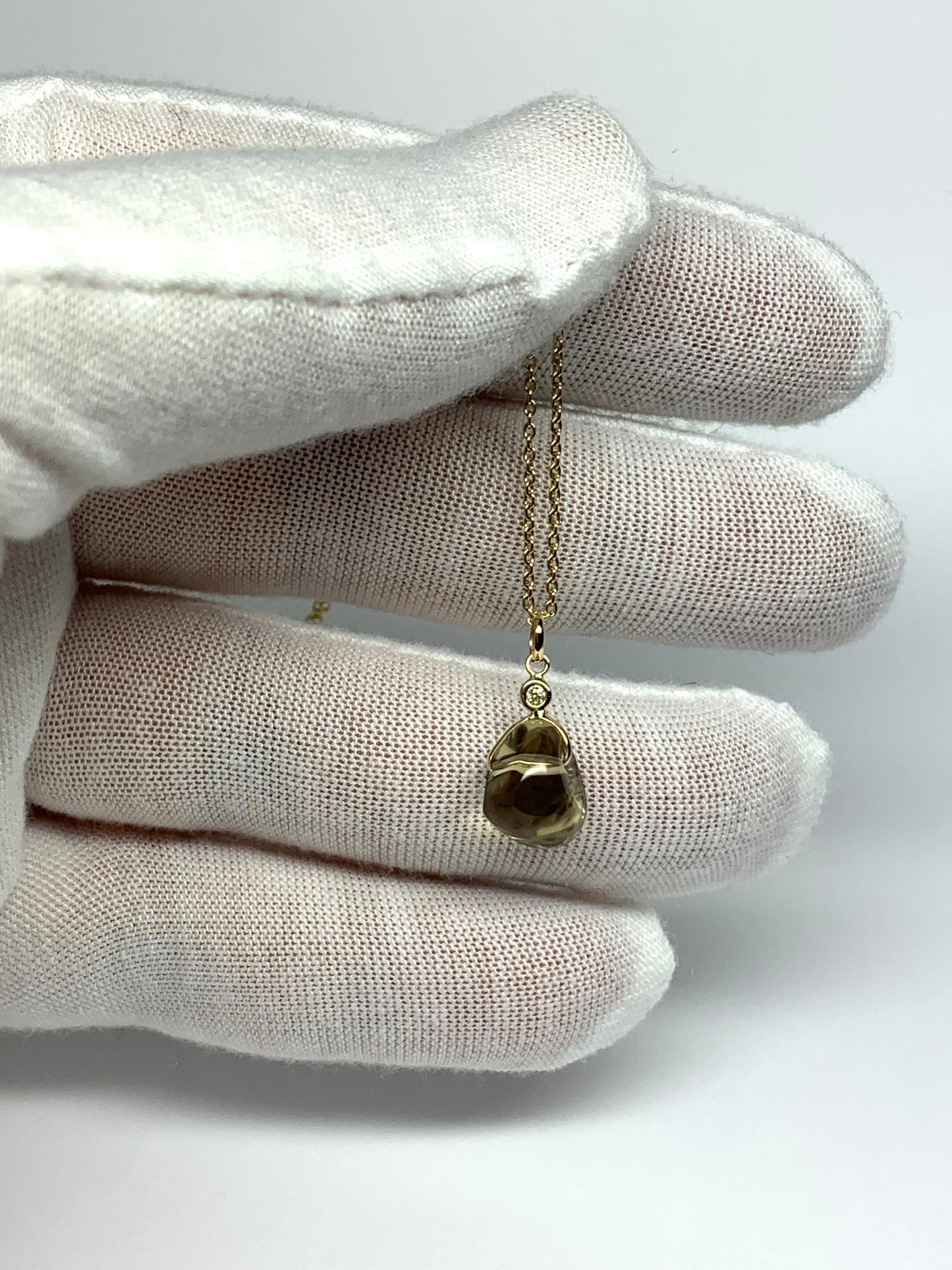 14k Solid Yellow Gold, Diamond, Dark Lemon Quartz Tumbled Nugget Bead Pendant, Mini Size