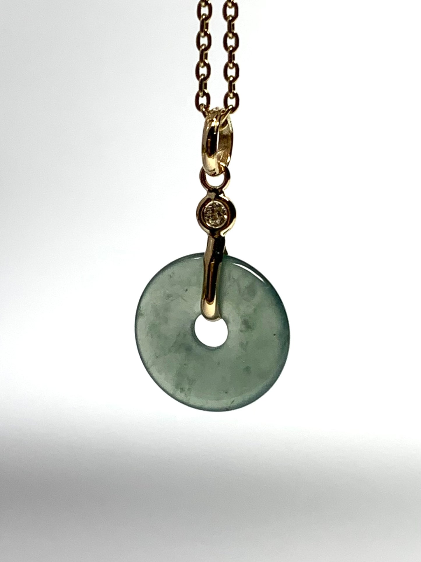 14k Solid Yellow Gold, White Diamond, Pale Green Jade “Donut” Pendant, Tiny Size
