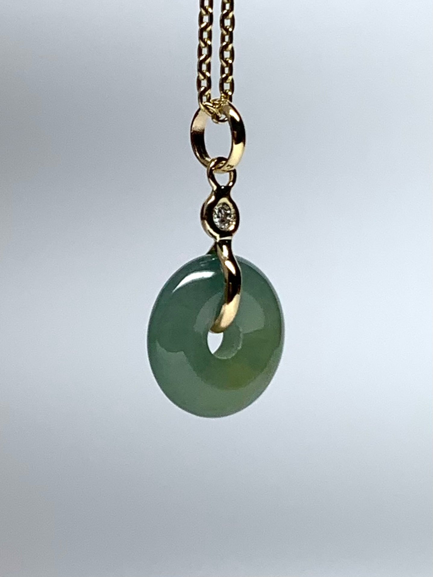 14k Solid Yellow Gold, White Diamond, Pale Green Jade “Donut” Pendant, Tiny Size