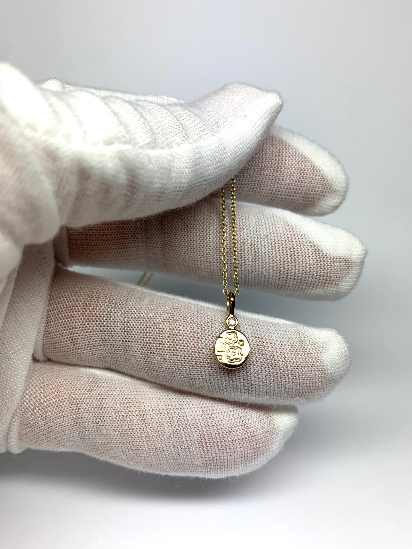 14K Solid Yellow Gold Nugget “Flowers” Mini Pendant, White Diamond, Tiny Charm