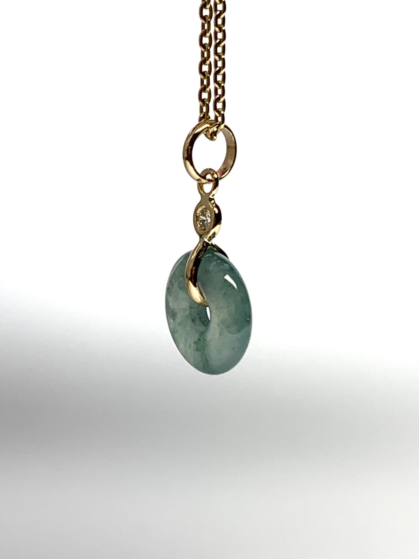 14k Solid Yellow Gold, White Diamond, Pale Green Jade “Donut” Pendant, Tiny Size