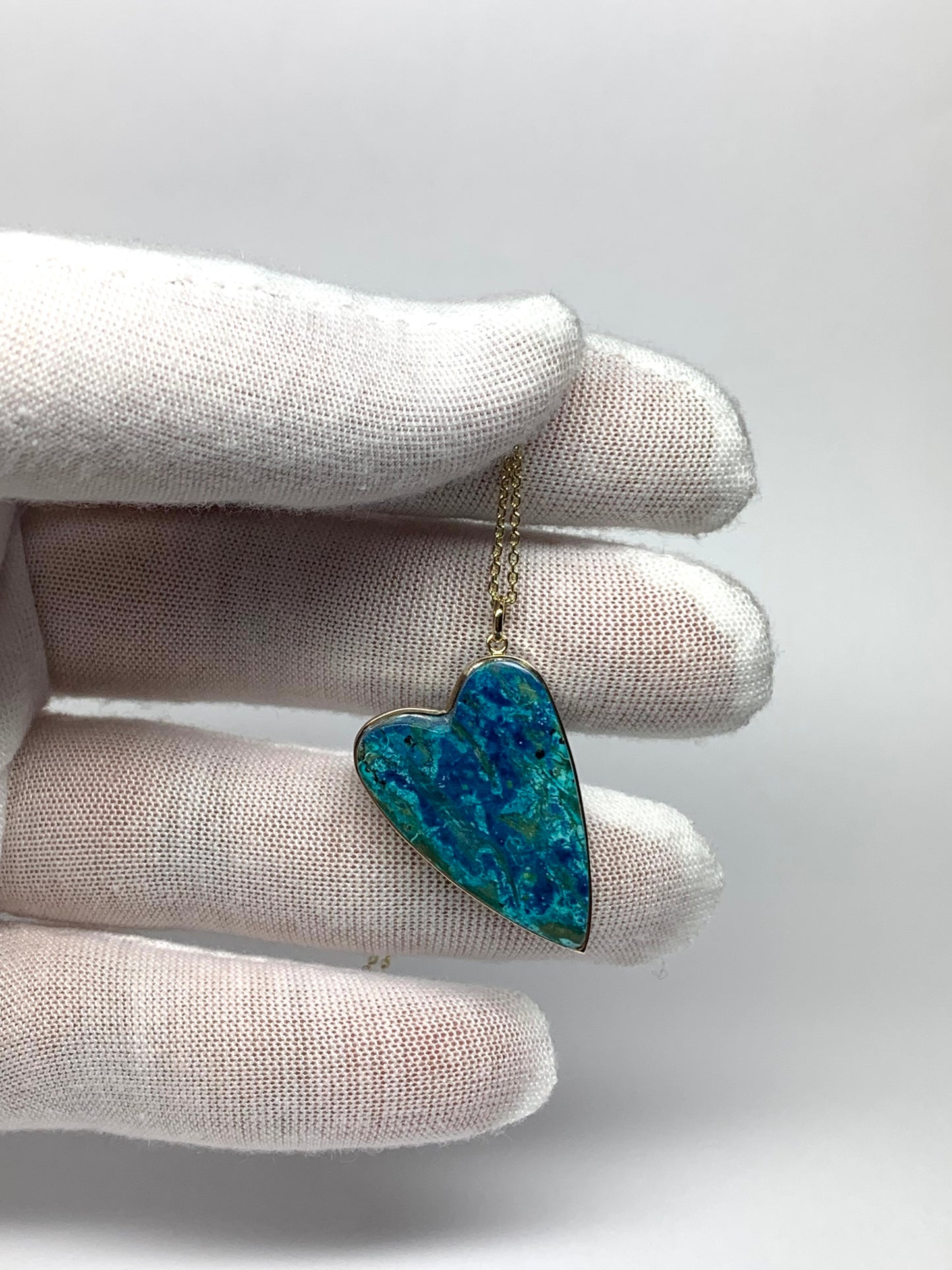 14k Solid Yellow Gold, Blue Chrysocolla “Heart” Pendant