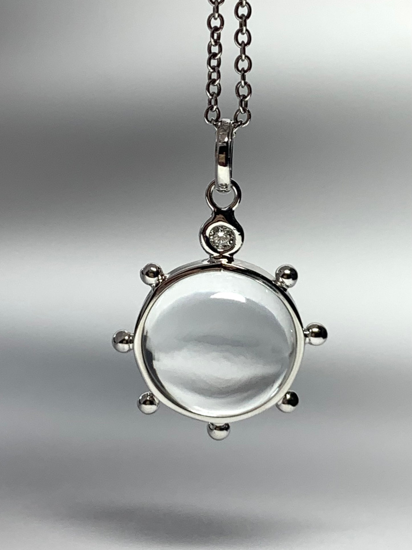 14K Solid White Gold, Natural Clear Quartz, Diamond “Sun” Pendant, Small Size