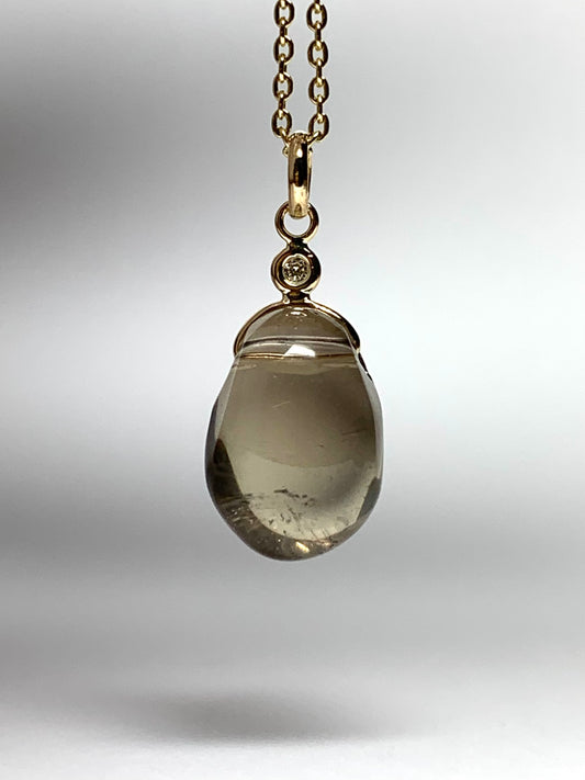 14k Solid Yellow Gold, Diamond, Smoky Quartz Tumbled Nugget Bead Pendant, Mini Size