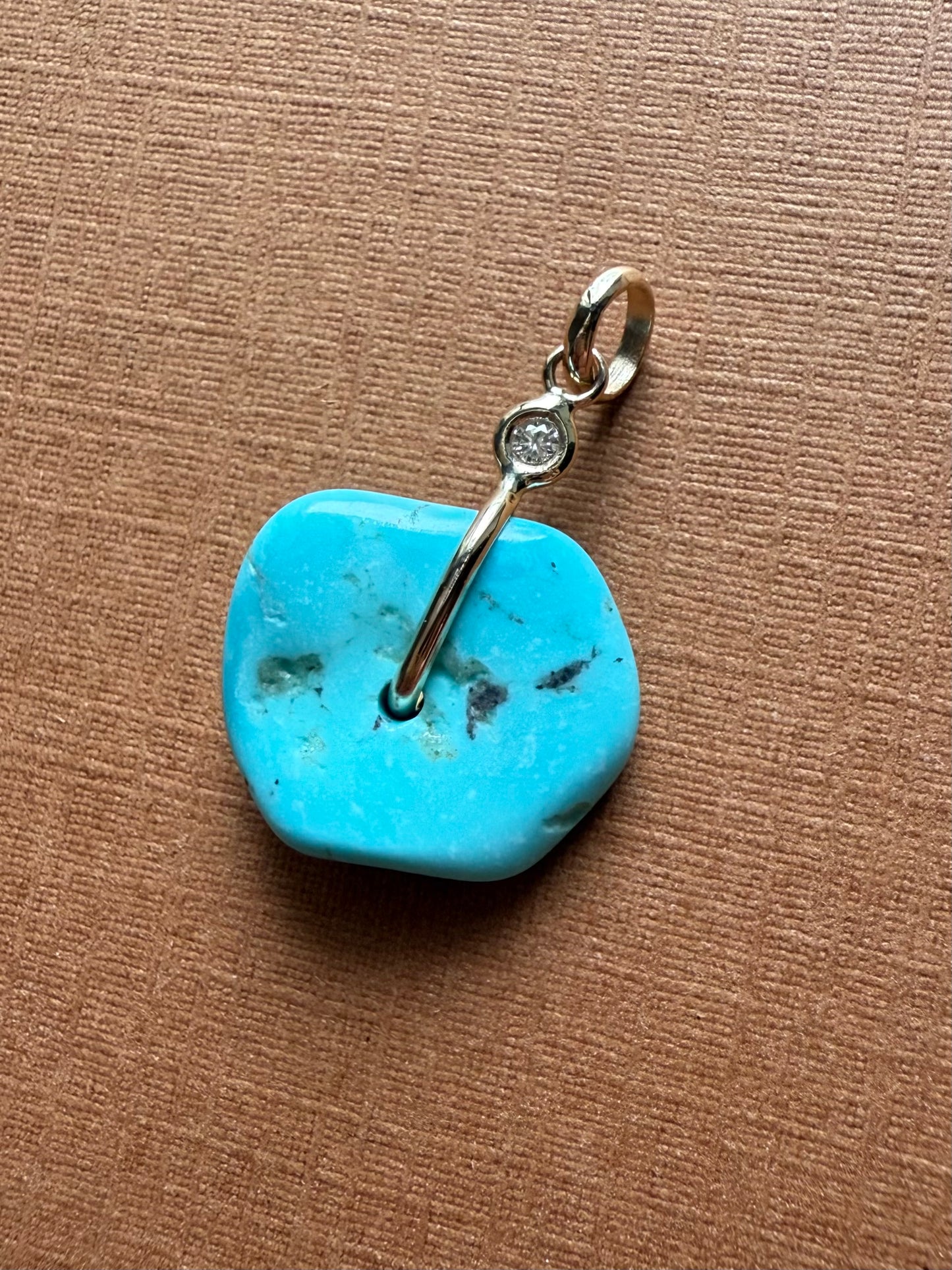 14K Solid Yellow Gold, White Diamond, Blue Turquoise “Donut” Mini Pendant