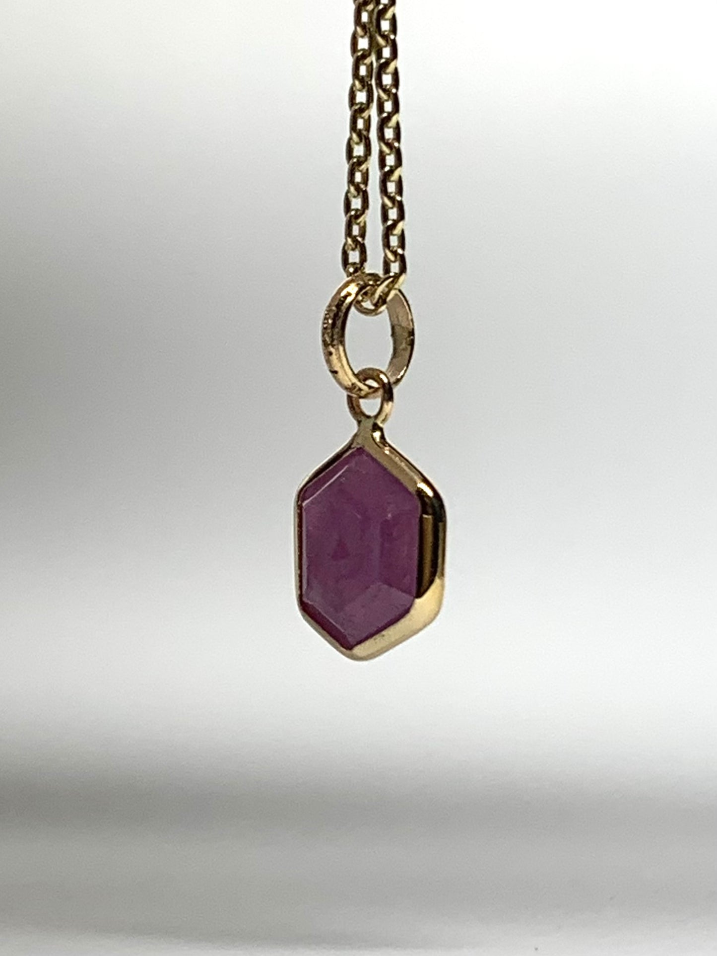 14k Solid Yellow Gold, Natural Pink Opaque Sapphire Hexagon Pendant, Tiny Size