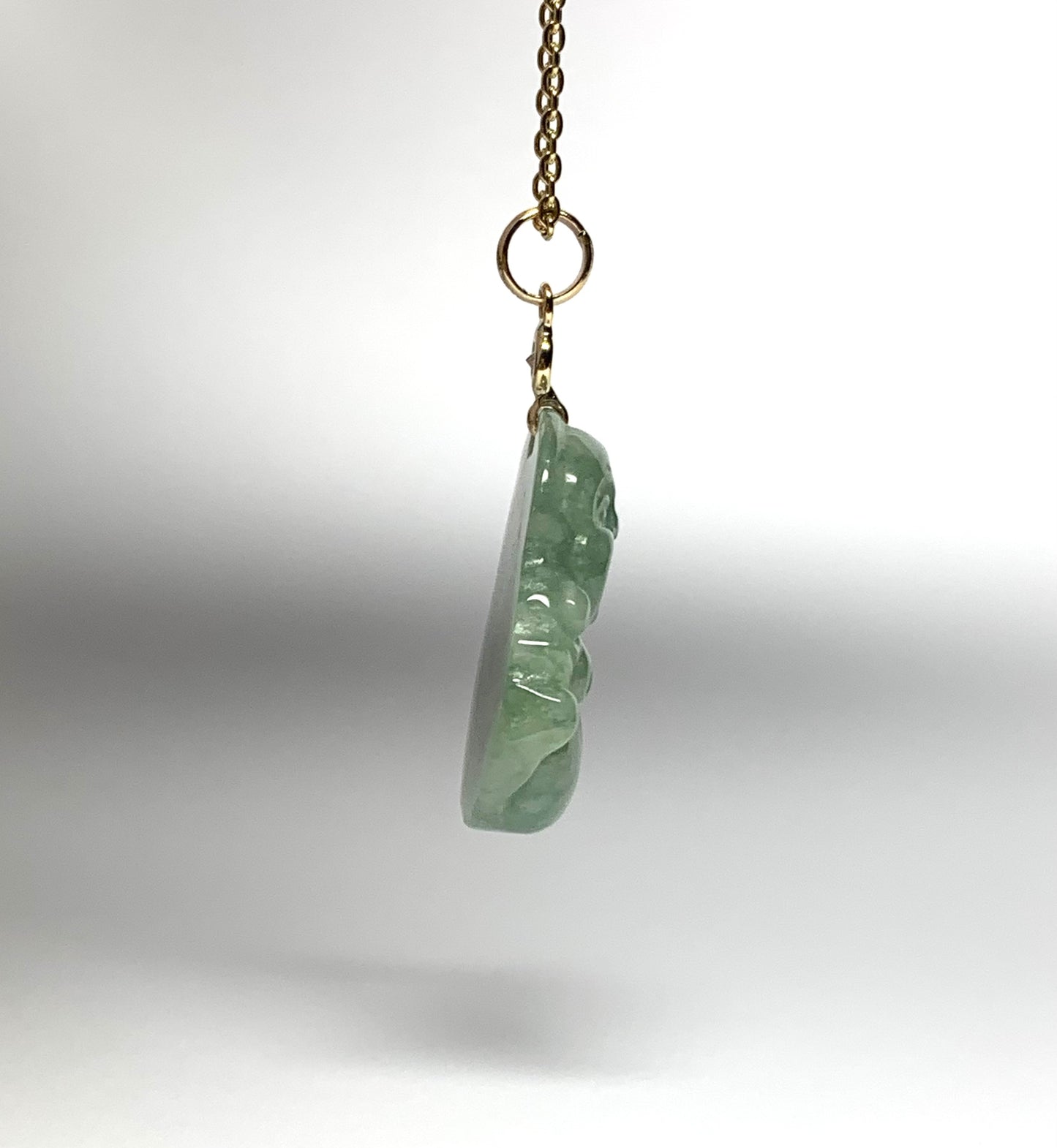 14K Solid Yellow Gold, Diamond, Pale Green Jade “Buddha” Pendant