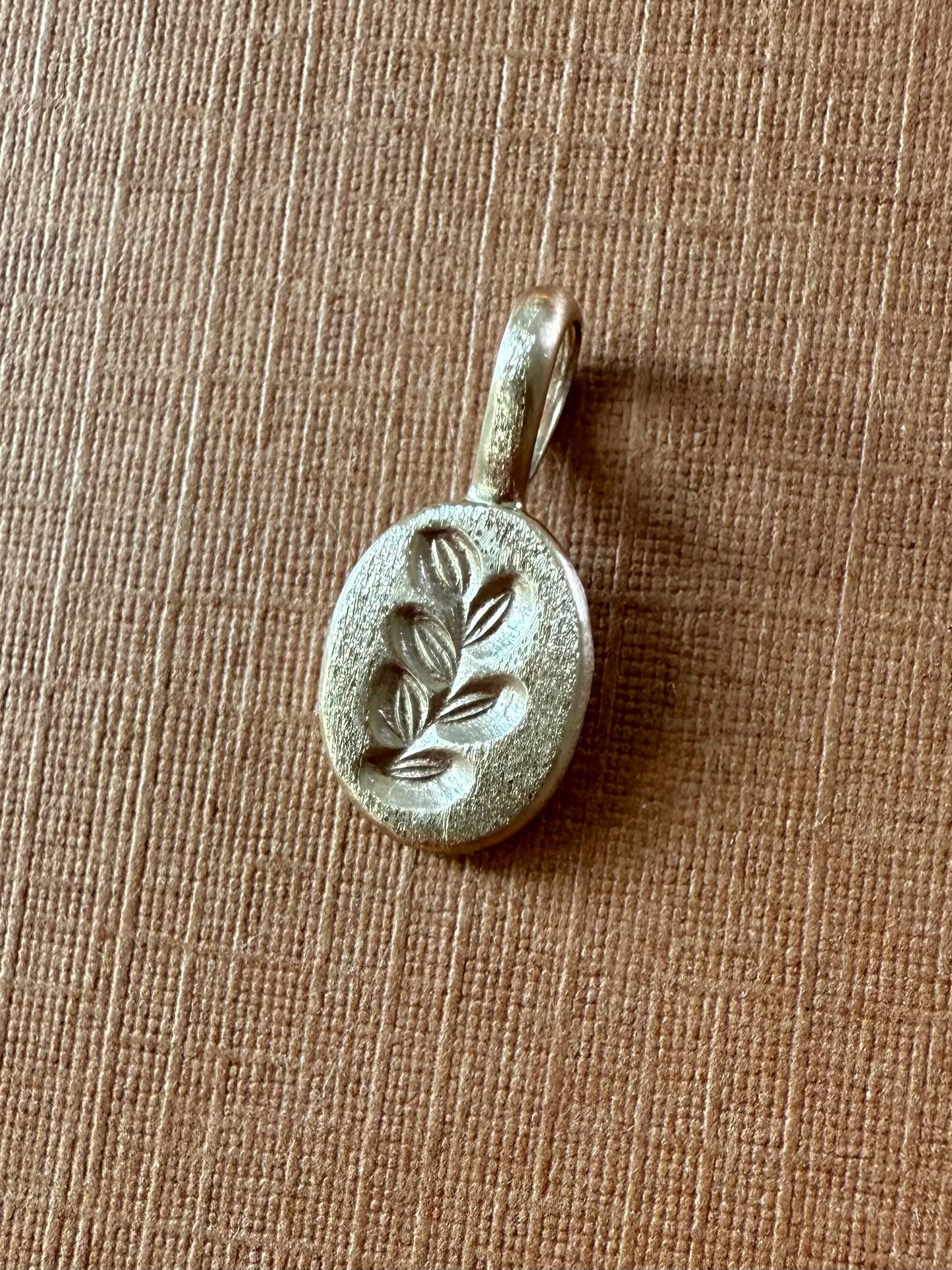 14k Solid Yellow Gold Nugget “Olive Branch”, Mini Pendant, Tiny Charm, Brushed Satin Finish