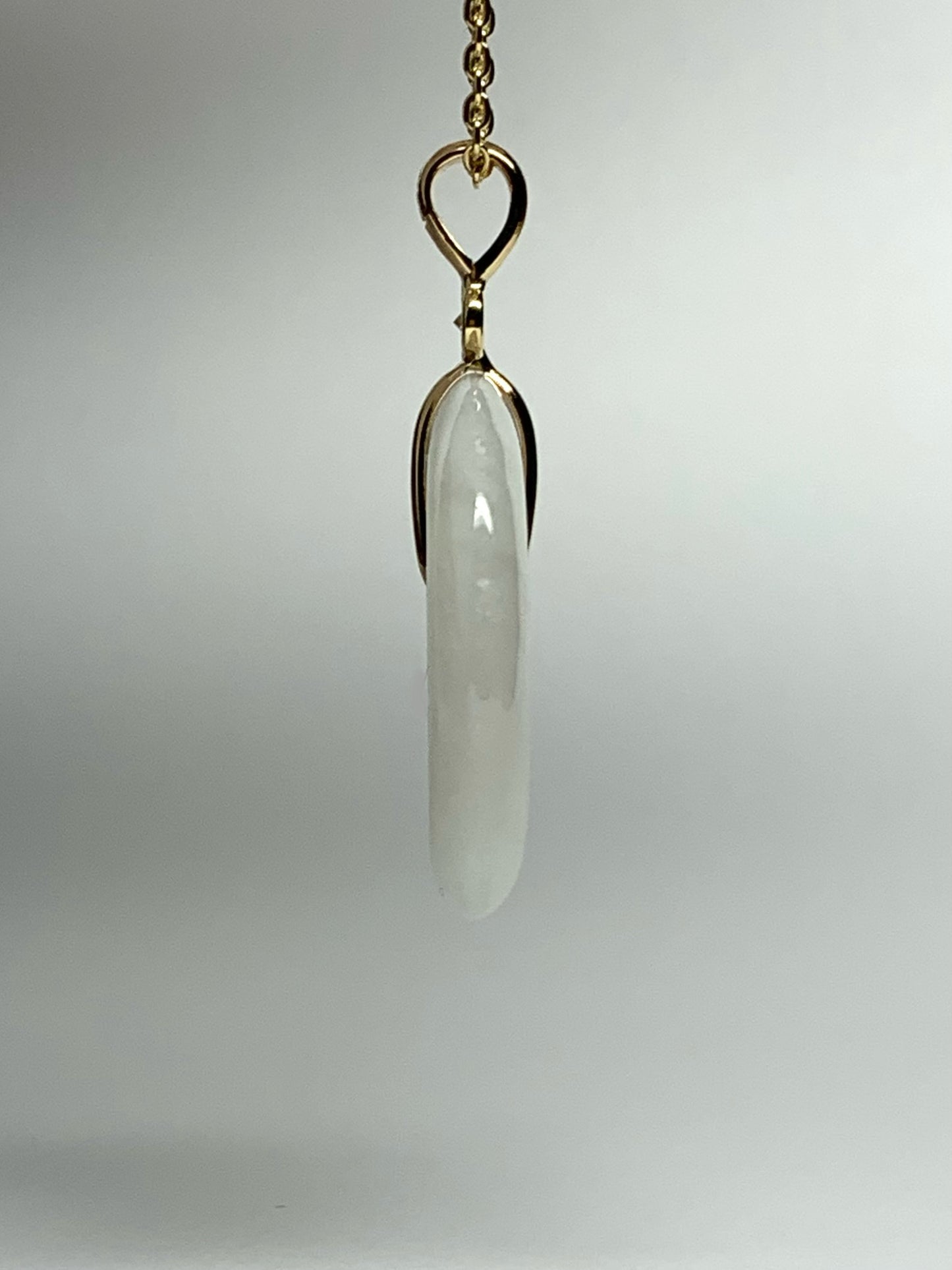 14k Solid Yellow Gold, Very Pale White Green Jade “Donut”, White Diamond Pendant