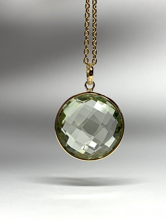14K Solid Yellow Gold, Round Green Amethyst Drop Pendant