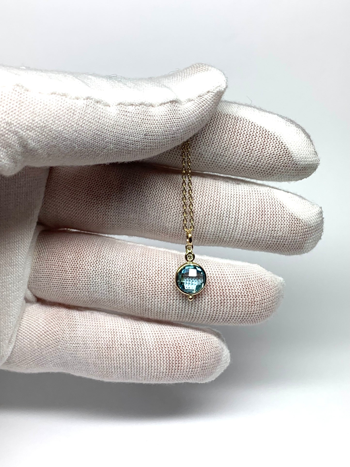 14K Solid Yellow Gold, Diamond, Blue Topaz Mini Pendant