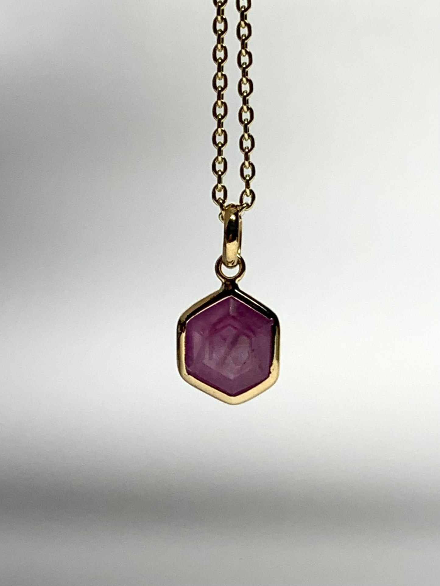 14k Solid Yellow Gold, Natural Pink Opaque Sapphire Hexagon Pendant, Tiny Size