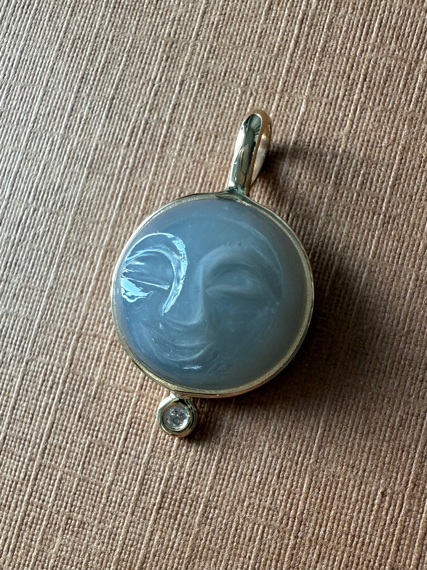 14k Solid Yellow Gold, White Diamond, Grey Moonstone “Moon and Star” Pendant, Small Size