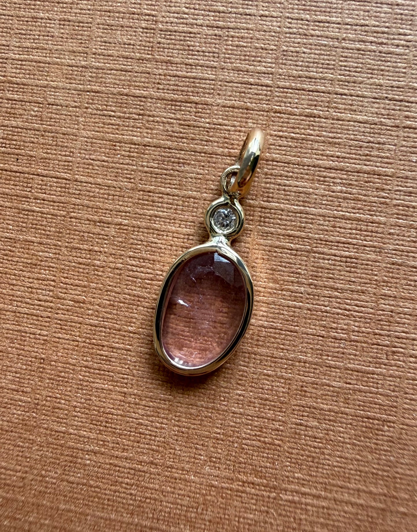 14k Solid Yellow Gold, White Diamond, Pink Tourmaline Tiny Pendant