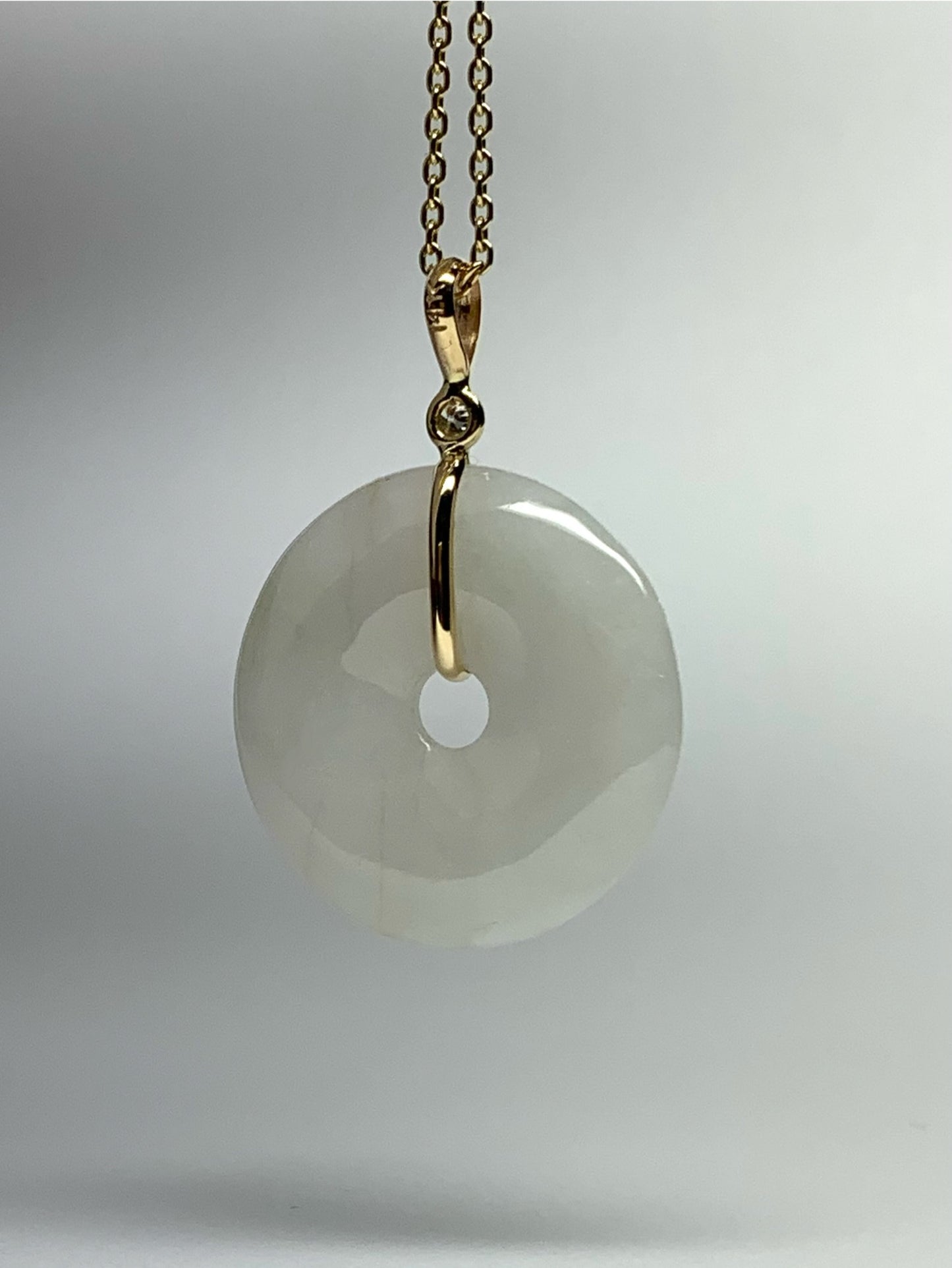 14k Solid Yellow Gold, Very Pale White Green Jade “Donut”, White Diamond Pendant